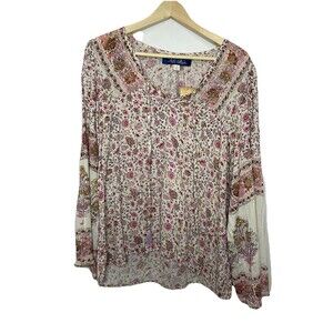 Blue Rain Women's Small Long Sleeve Boho Blouse Top Shirt Floral Blush White
